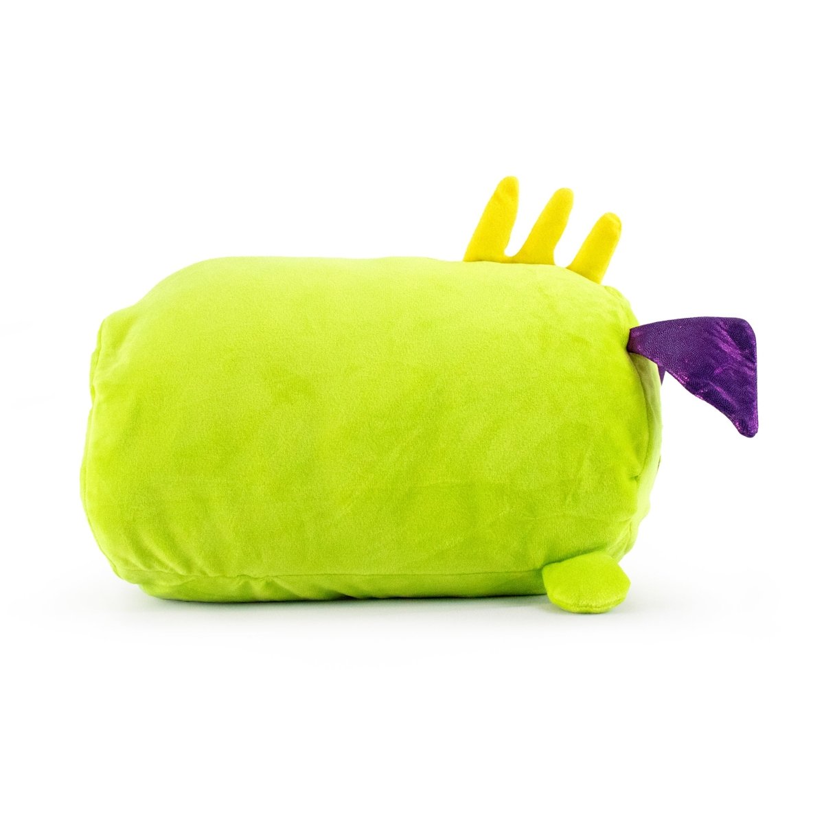 Green dragon with purple wings and a cute face soft plush stuffed animal pillow plushie for cuddling and sleeping