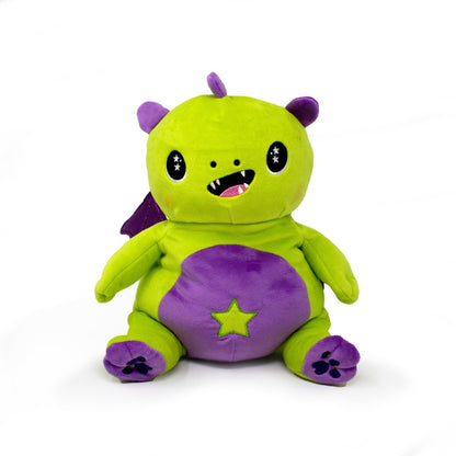 The Drac the Dragon Starlight Buddy Plushie is an adorable stuffed animal resembling a cute dinosaur with a round body, bright green and purple colors, sparkly eyes, a small toothy grin, purple ears, a star-design belly, and tiny feet with paw prints—perfect for all ages.