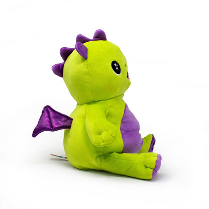 The Drac the Dragon Starlight Buddy Plushie, a cute plush toy in green with purple spikes, belly, and wings, sits sideways with large black embroidered eyes against a plain white background.