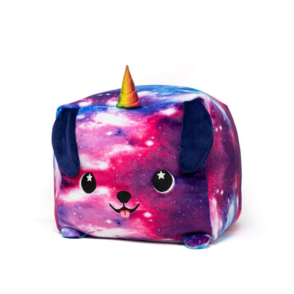 Dream the Puppicorn Plushie features a galaxy pattern with a cute face, starry eyes, floppy ears, and a small unicorn horn. The colors are primarily purple, pink, and blue.