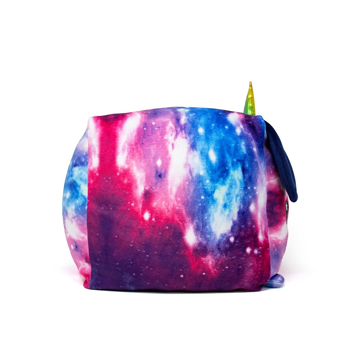 The Dream the Puppicorn Plushie is a colorful pouch with a galaxy print in pink, purple, and blue, featuring a horn-like protrusion and dark blue fabric on one side, resembling a whimsical creature or unicorn.