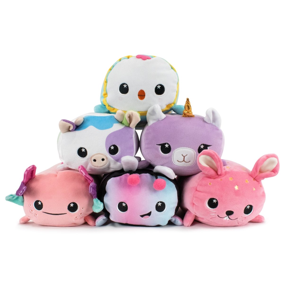 Six ultra-soft plush stuffed animals, including a penguin, cow, unicorn-horned llama, octopus, ladybug, and rabbit with unique features like bows and patterns form a vibrant pyramid. They're perfect for any Easter stuffed animal collection or pairing with the Emily the Axolotl Plushie!.