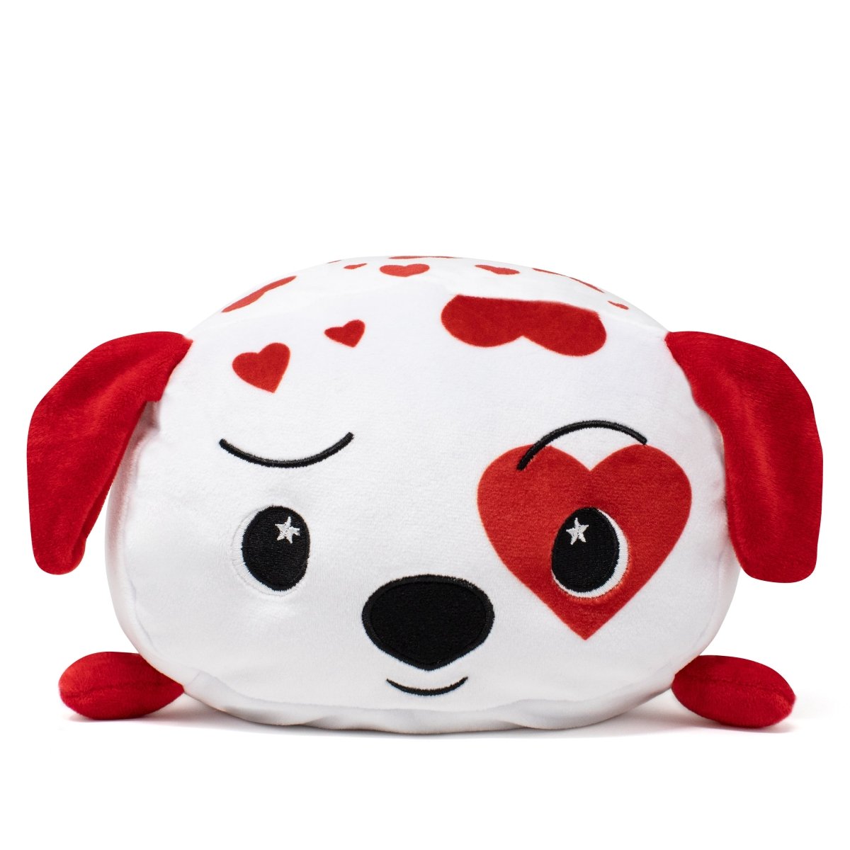 Ed the Dalmatian Plushie is a super-soft dog toy featuring white fur, red ears and paws, and black eyes with a heart design around one eye. Red heart patterns on its head make it ideal for Valentine's Day or as a cuddly, playful companion.