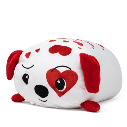 This ultra-soft Ed the Dalmatian Plushie is perfect for Valentine's Day. It resembles a white dog with red ears, a red heart around one eye, small red hearts on its back, and features a cute, sleepy expression lying gracefully on its belly.