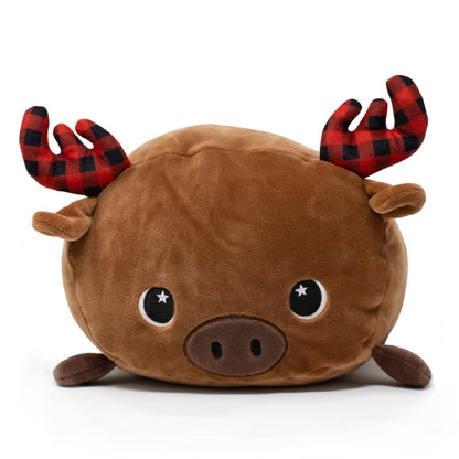 Eduard the Moose Plushie is an adorable brown stuffed animal featuring a round, soft body, sweet face with starry eyes, and small antlers in a red and black plaid pattern. It sits charmingly against a white background.