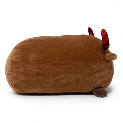 Eduard the Moose Plushie is a soft, plush cushion shaped like a brown log with red and black plaid ears and a tiny brown tail, resembling an animal's body on a plain white background. Perfect for cuddly plushie lovers.