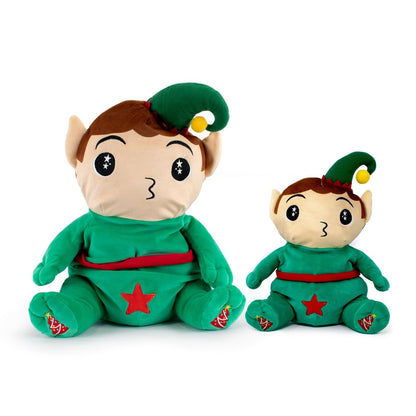 Two Jingle the Elf Starlight Buddy plush dolls—one large, one small—feature green outfits, red star tummies, big black eyes, pointy ears, and green hats with yellow tips. Ideal holiday companions for festive fun!.
