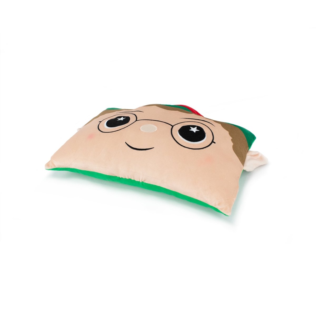 Elfred the Elf Pillow is a rectangular plush with a cartoon face, large starry eyes, round glasses, and a small smile. Festive green and red accents make it ideal for holiday decor or as a squishy sensory pillow.