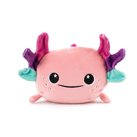 The ultra-soft Emily the Axolotl Plushie, with a pink body, smiling face, starry eyes, and colorful frilly gills in purple and teal, is the perfect Easter stuffed animal for cuddles.