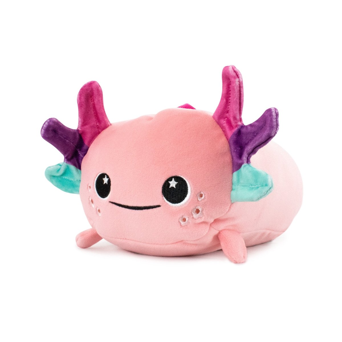 Emily the Axolotl Plushie is ultra-soft with pink, purple, and magenta gill-like appendages. It features teal side fins, a cheerful face, and big round eyes—perfect for Easter or as a cute collectible addition.