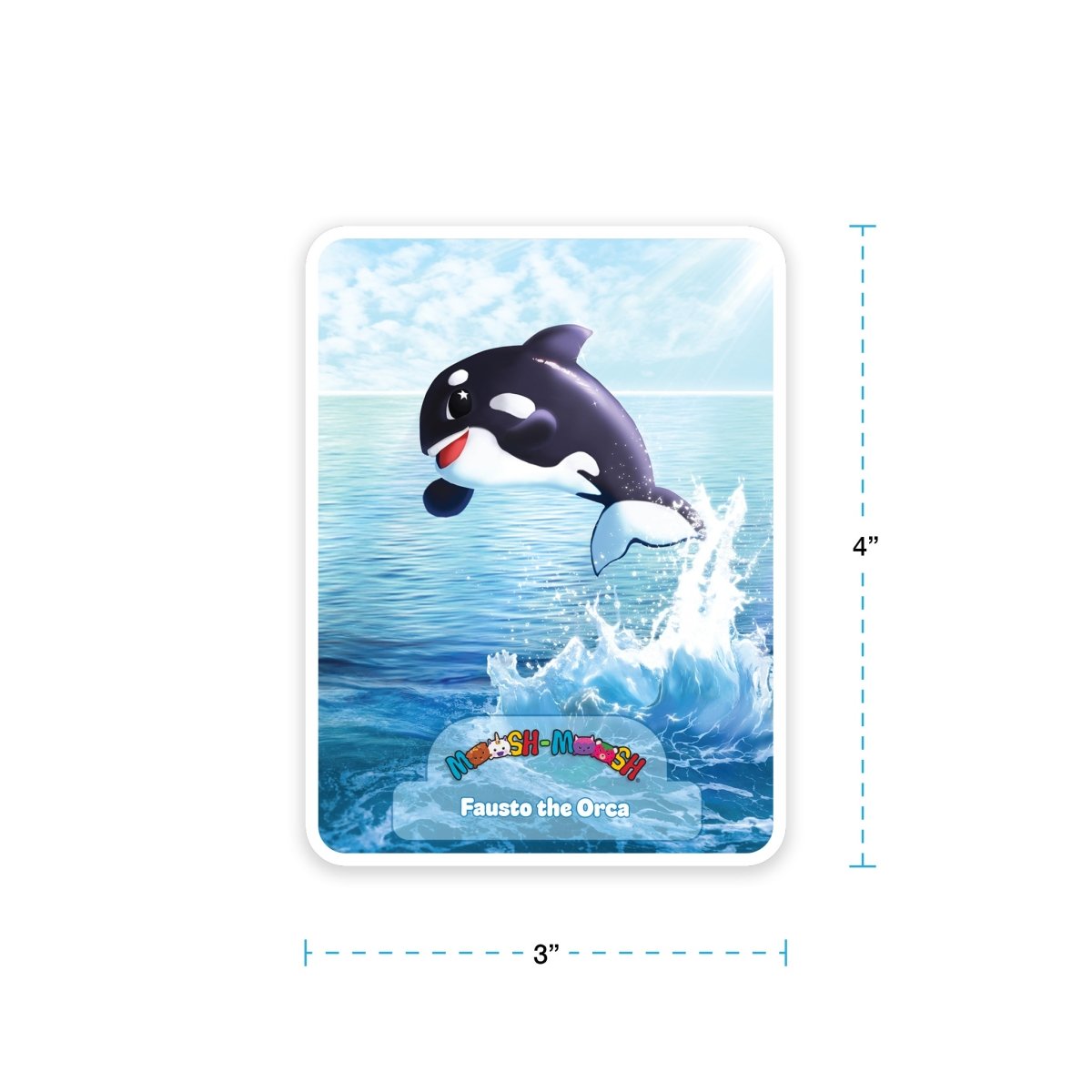 A Moosh-Moosh 3" x 4" vinyl sticker shows Fausto the cartoon orca leaping out of the ocean with a splash, and features “Moshi Moshi Fausto the Orca” at the bottom.