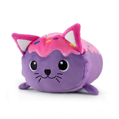 Purple and pink donut themed cat soft plush stuffed animal pillow plushie for cuddling and sleeping