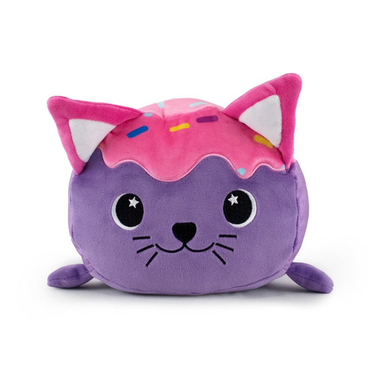 Purple and pink donut themed cat soft plush stuffed animal pillow plushie for cuddling and sleeping