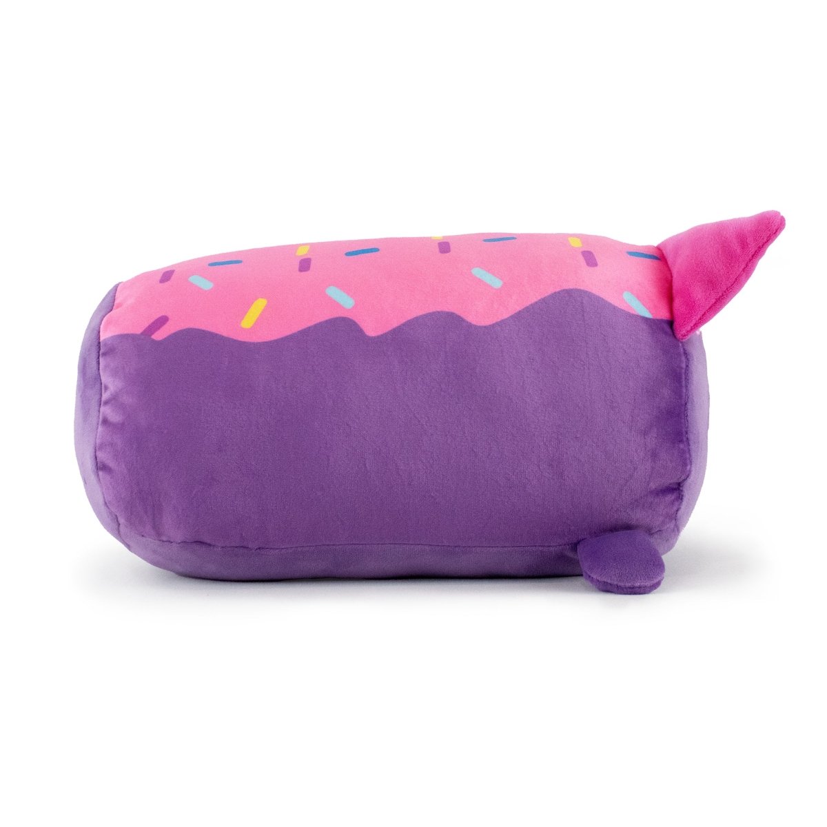 Purple and pink donut themed cat soft plush stuffed animal pillow plushie for cuddling and sleeping