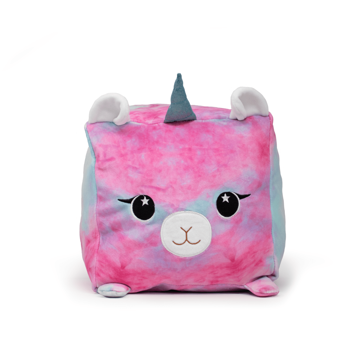 Gaia the Llamacorn plush toy with pink and blue fur, unicorn horn, and sparkling eyes from Moosh-Moosh SQUARED² Collection.