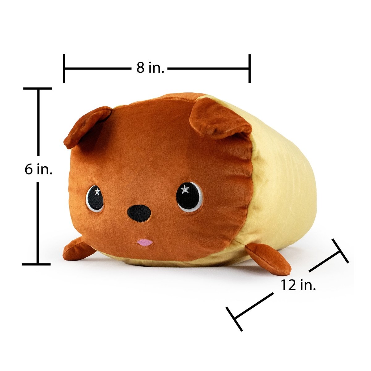 This Gilbert the Hotdog Plushie features a round animal shape, a brown face, embroidered eyes, and short ears. Measuring 8 inches wide, 6 inches tall, and 12 inches long, it has a beige body with small flat limbs on the sides.