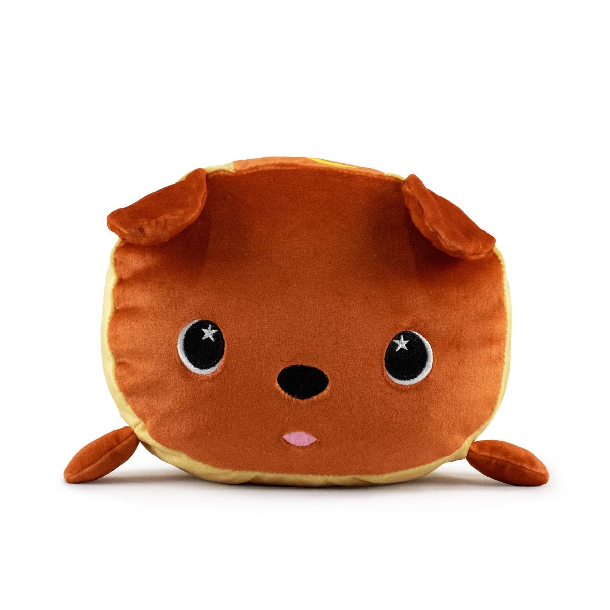 The Gilbert the Hotdog Plushie is a soft, round, brown plush shaped like a puppy with big black eyes and small floppy ears, lying peacefully on a white surface.