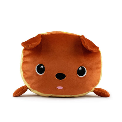 The Gilbert the Hotdog Plushie is a soft, round, brown plush shaped like a puppy with big black eyes and small floppy ears, lying peacefully on a white surface.