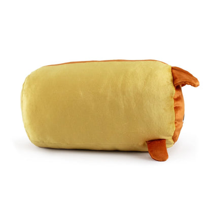 Gilbert the Hotdog Plushie is a cute, cylindrical plush pillow resembling a corgi dog, with a light brown body, tan back and tail, small orange ears, and looks soft and cuddly against a white background.
