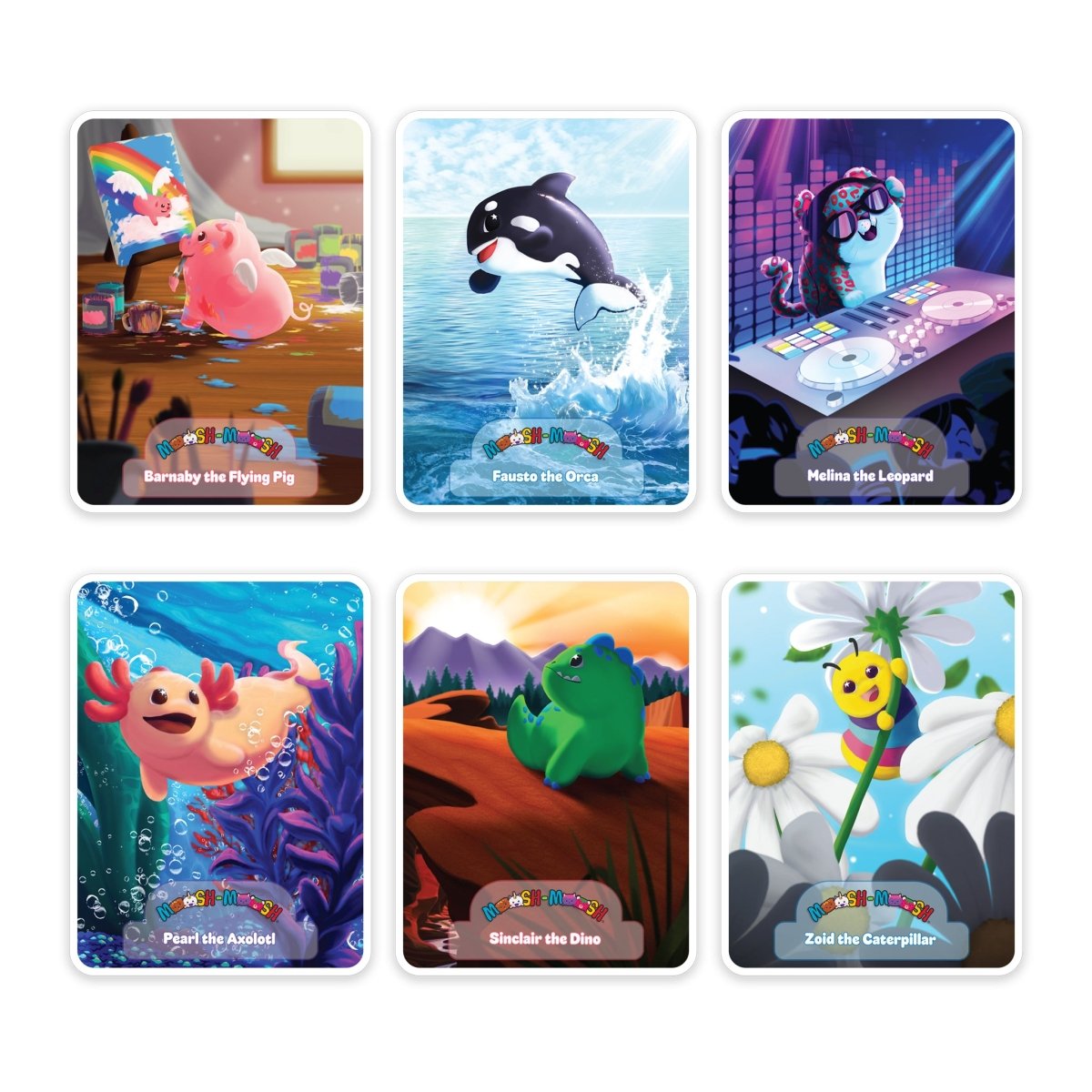 The Moosh-Moosh 3" x 4" Vinyl Stickers set includes six vibrant designs: a painting pig, leaping orca, DJ leopard, smiling axolotl, green dinosaur by mountains, and a caterpillar on a daisy—all with playful backgrounds.