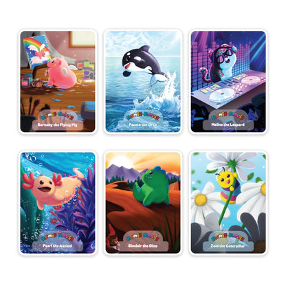 The Moosh-Moosh 3" x 4" Vinyl Stickers set includes six vibrant designs: a painting pig, leaping orca, DJ leopard, smiling axolotl, green dinosaur by mountains, and a caterpillar on a daisy—all with playful backgrounds.