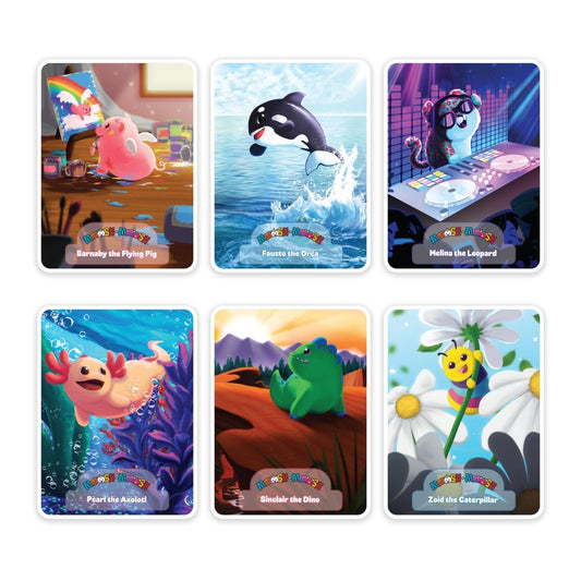 The Moosh-Moosh 3" x 4" Vinyl Stickers set includes six vibrant designs: a painting pig, leaping orca, DJ leopard, smiling axolotl, green dinosaur by mountains, and a caterpillar on a daisy—all with playful backgrounds.