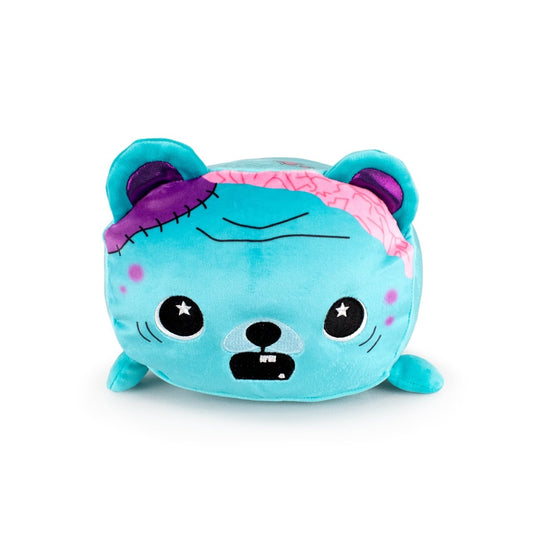 Gus the Zombie is a blue bear plush with a stitched purple wound, exposed brain, star-shaped eyes, and an open mouth with teeth—making it a perfect Halloween plush and a unique, soft stuffed animal.