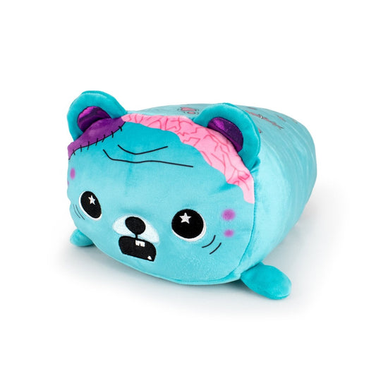 Gus the Zombie is a soft blue bear plushie with big round eyes, cartoonish exposed pink brain stitching, and a surprised expression—making it the perfect quirky Halloween plush.