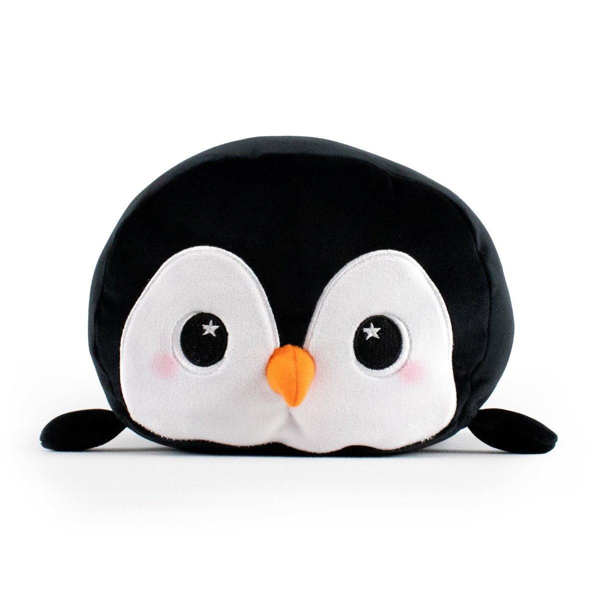 Black penguin with orange soft nose and white face soft plush stuffed animal pillow plushie for cuddling and sleeping