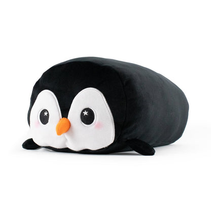 Black penguin with orange soft nose and white face soft plush stuffed animal pillow plushie for cuddling and sleeping