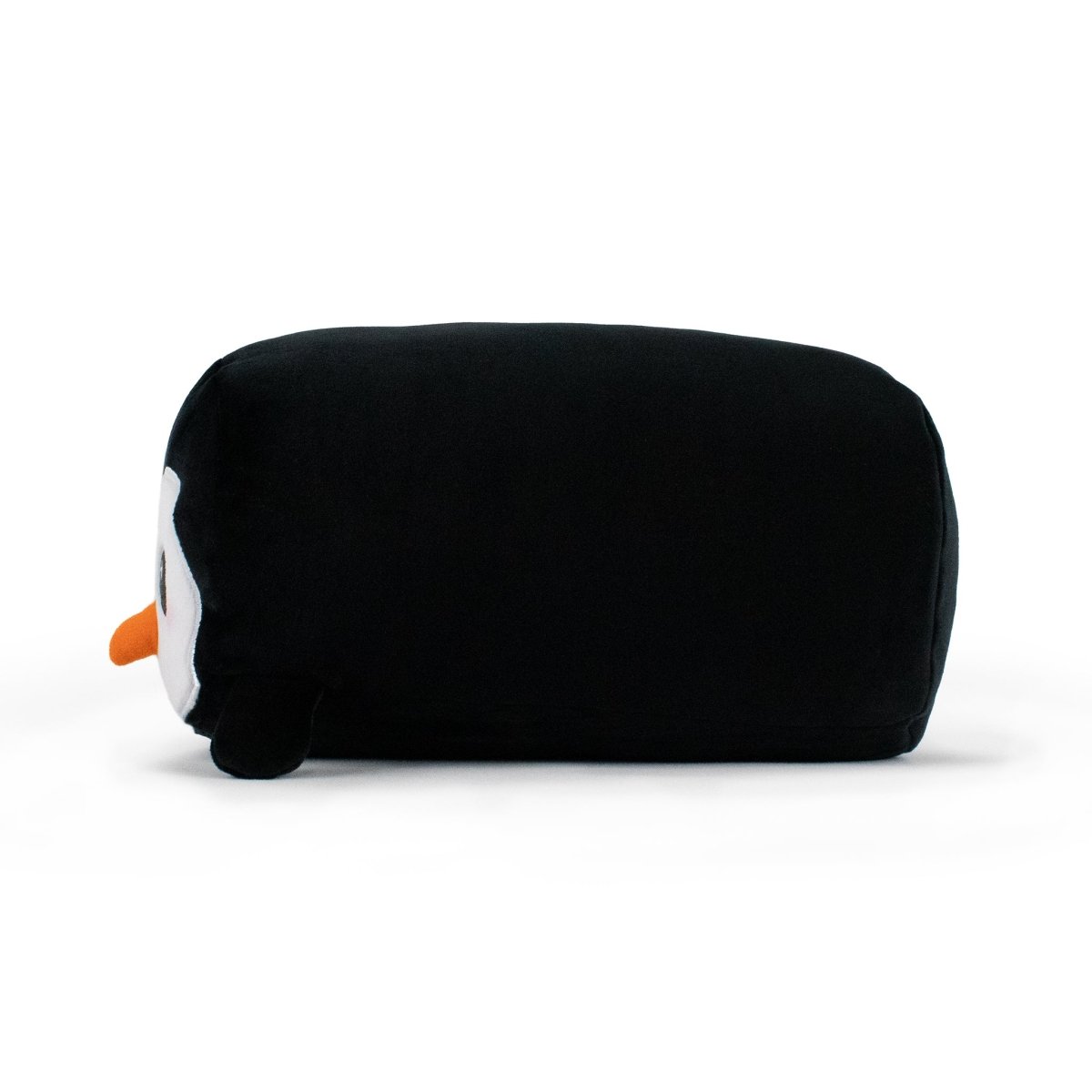 Black penguin with orange soft nose and white face soft plush stuffed animal pillow plushie for cuddling and sleeping