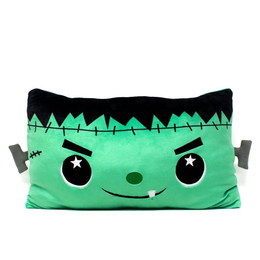 The Boris Frankenstein Halloween Pillow is a green rectangular plush from the Moosh-Moosh Spooky Series, featuring black hair, stitched scars, starry eyes, a toothy smile, and gray bolts—perfect as a festive Halloween sleep pillow.