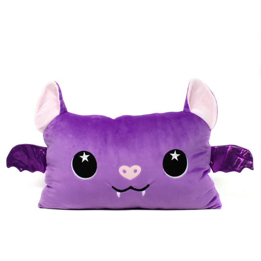 The Buffy the Vampire Bat Halloween Pillow is a soft, plush pillow shaped like a purple bat featuring large ears with pink inner details, starry eyes, cute fangs, small shiny wings, and a tiny nose for an irresistibly adorable look.