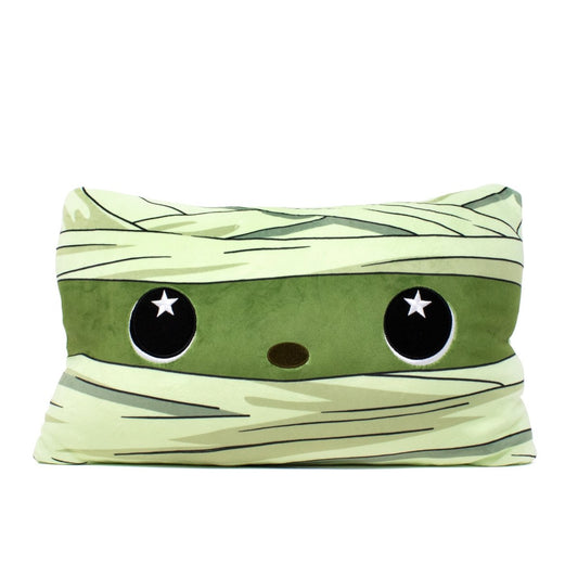 Ramses the Mummy Halloween Pillow is a rectangular plush with big, round black eyes featuring white star highlights, a small brown oval nose, and green and beige bandage details—perfect for any spooky series collection.