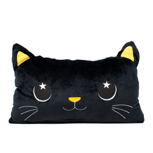 Shadow the Cat Pillow from the Moosh-Moosh Spooky Series is a plush black rectangular Halloween pillow with yellow inner ears, starry eyes, a yellow nose, and stitched white whiskers for festive comfort.