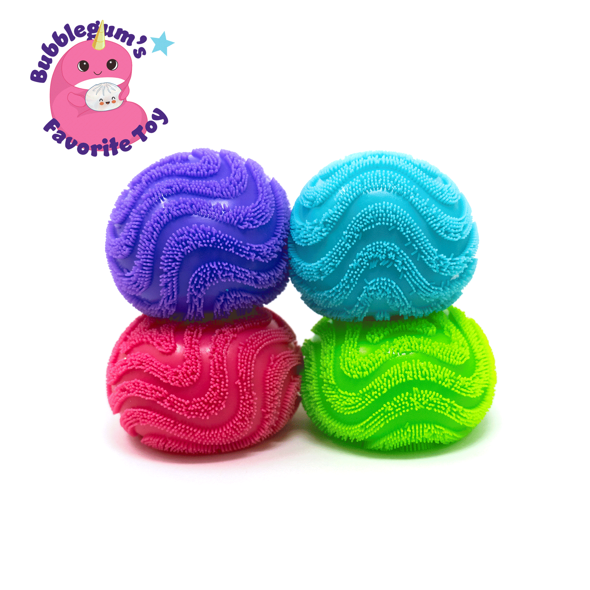 Four textured, wavy-patterned Maltose Vibe Balls in purple, blue, pink, and green are stacked in a square. A pink cartoon seal with a pacifier and star appears in the top left corner, alongside the text: “Bubblegum’s Favorite Toy – Maltose Vibe Ball.”.