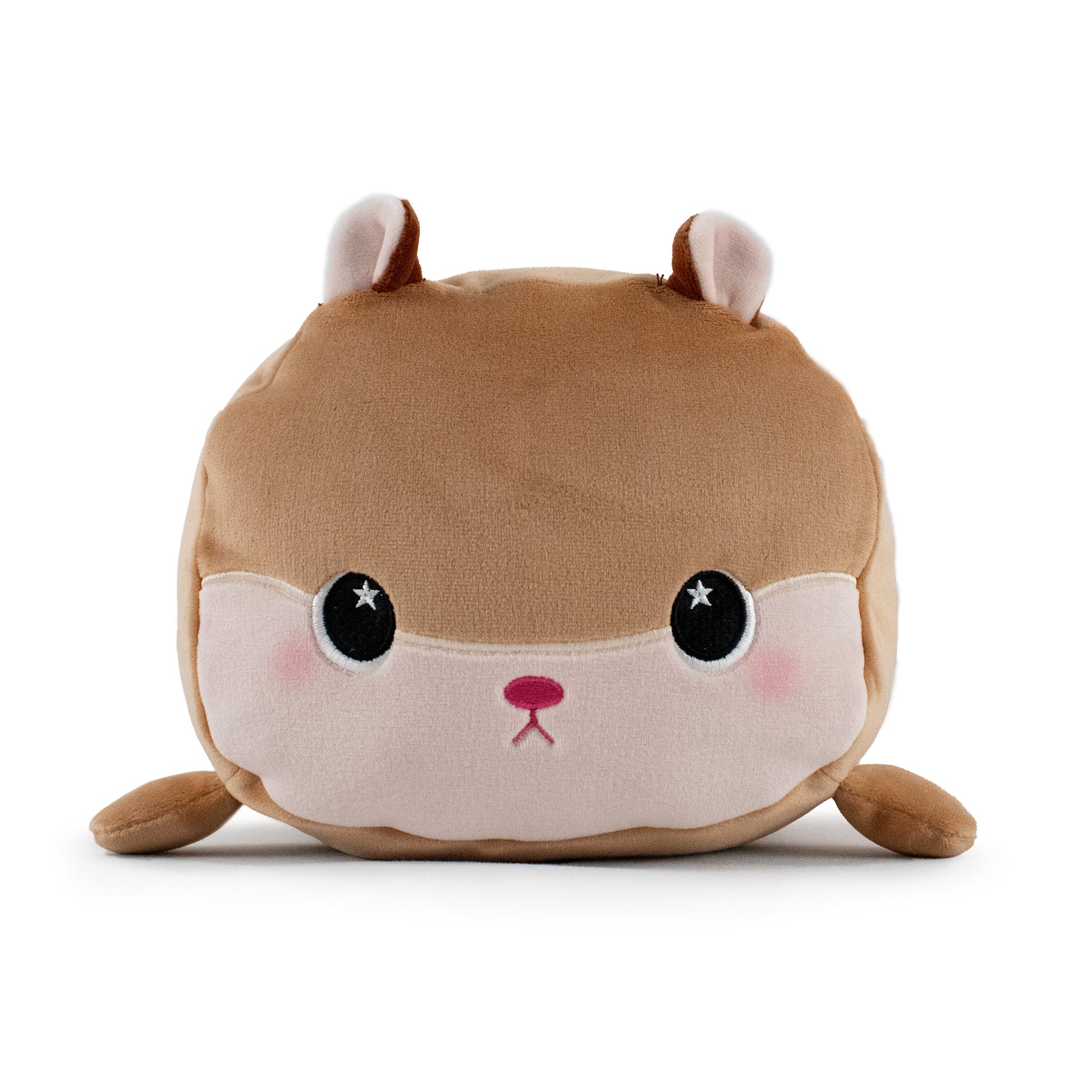 Hammy the Hamster is a round, light brown plush toy with big black eyes, a small pink nose, blushing cheeks, short ears, and stubby legs, pictured against a white background.