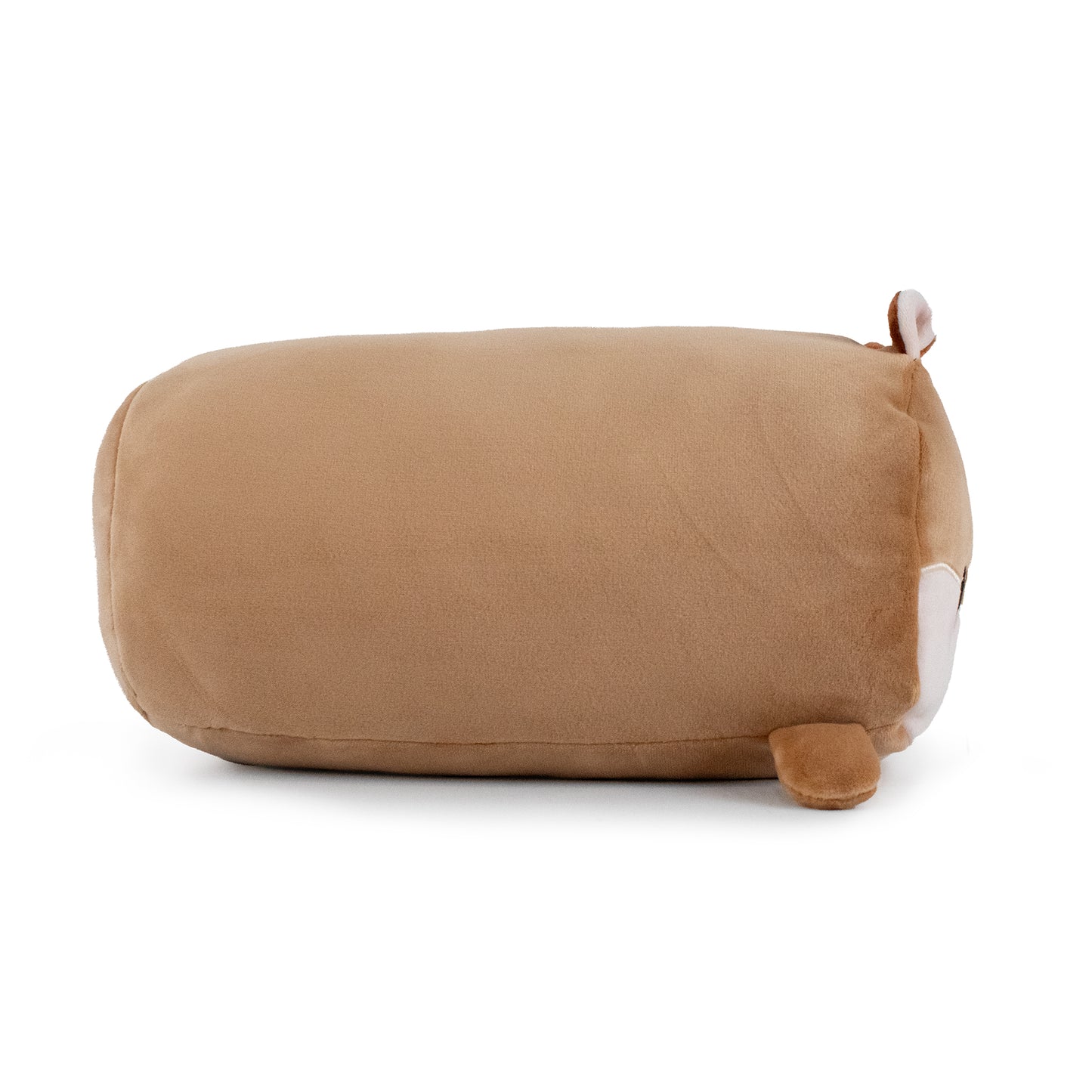 Hammy the Hamster is a plush, cylindrical brown pillow with small stubby legs and an ear, resembling a cute animal, shown on a white background.