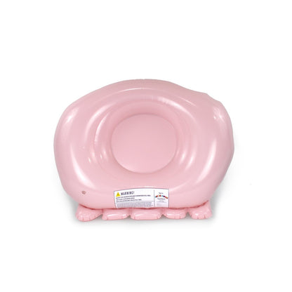 The Handi Andy 32" Inflatable Pool Float is a pink baby seat with a circular seat, rounded backrest, and front safety label—ideal as a cute pool party accessory—photographed on a white background.