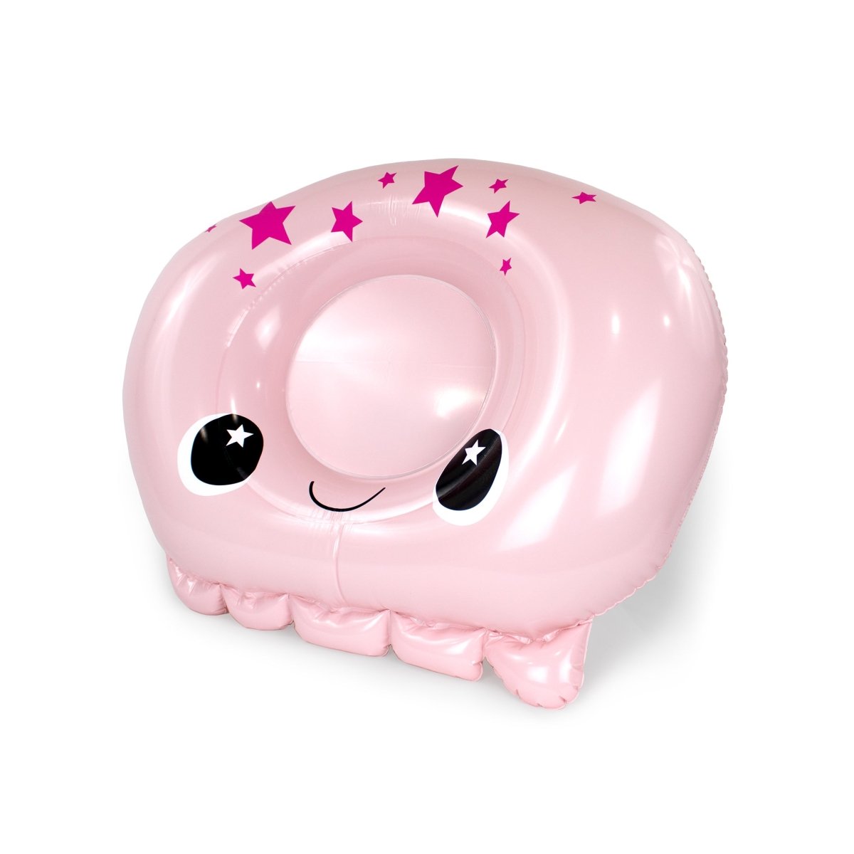 The Handi Andy 32" Inflatable Pool Float is a pink jellyfish-shaped float with a smiling face, large cartoon eyes, pink stars on top, and wavy edges—perfect as a fun pool party favorite.