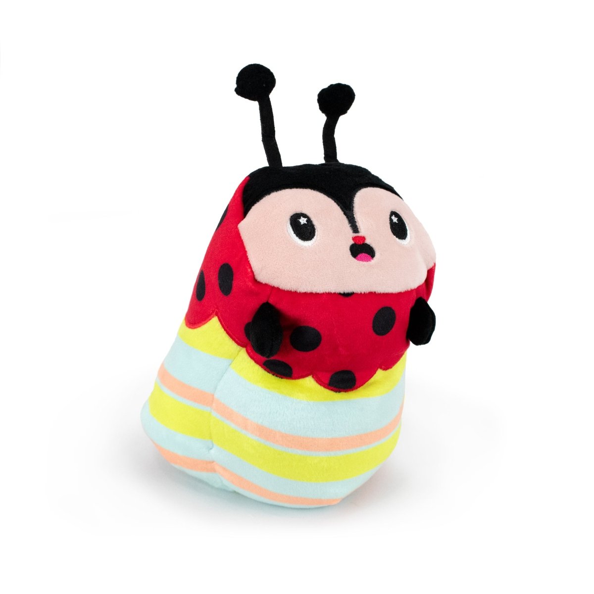 Dot the Ladybug Hatchling is an adorable Plush Buddies toy with a vibrant red body, classic black spots, and playful black antennae. Its lower half showcases pastel stripes in aqua, yellow, and pink—perfect for brightening up any Easter basket!.