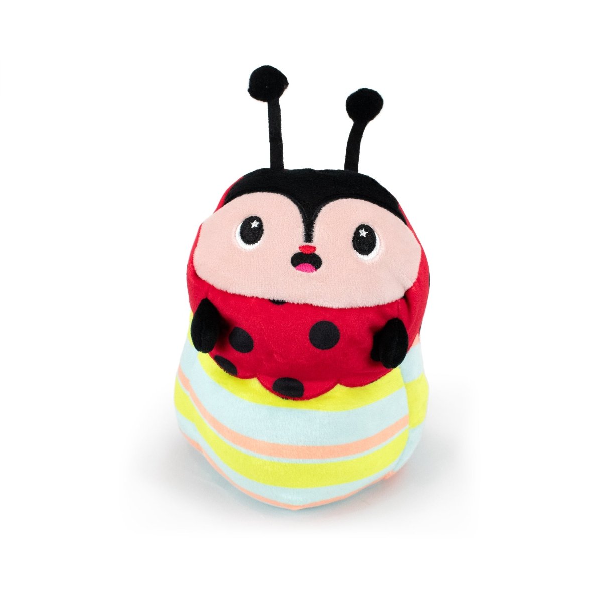 Meet Dot the Ladybug Hatchling! This adorable plush toy has a vibrant red body with black spots, a striped pastel base, large round eyes, small black antennas, and a cheerful expression. It's the perfect addition to any Easter basket!.