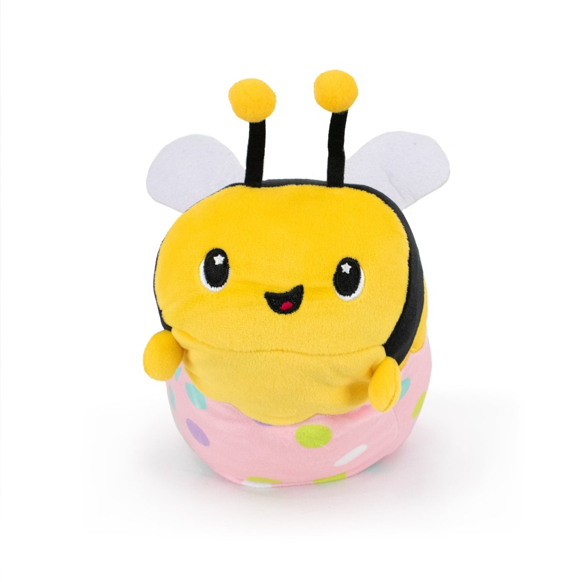 Vee the Bee Hatchling is a huggable plush toy resembling a smiling bee, featuring a yellow face with antennae, black stripes, white wings, and a pink body adorned with colorful polka dots—ideal for any Easter-themed plushie collection.