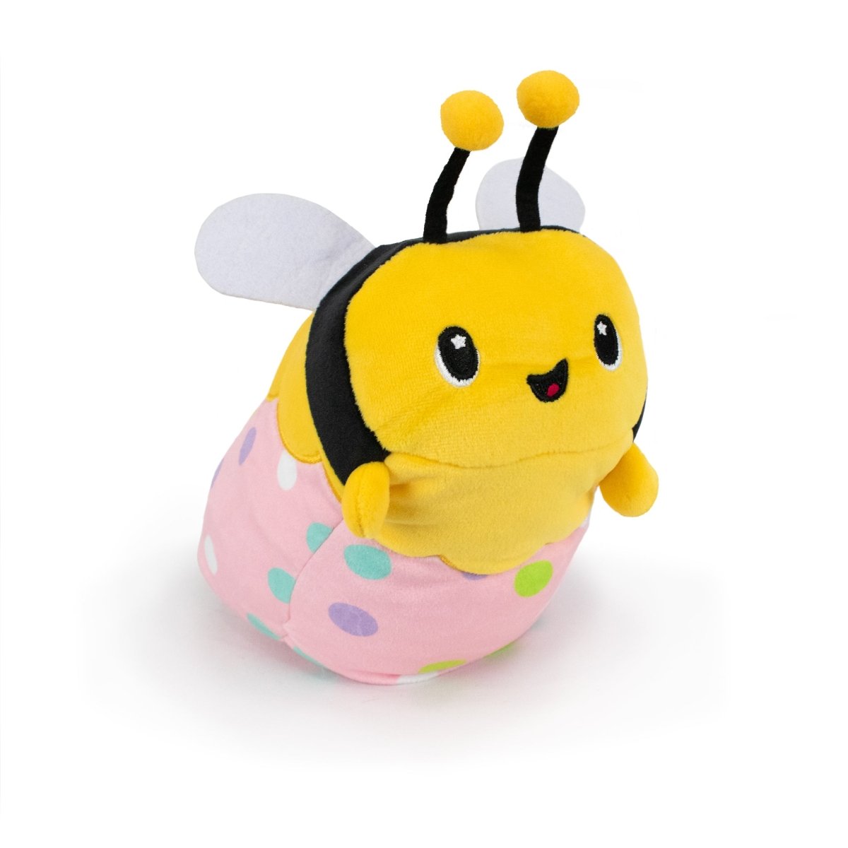 Vee the Bee Hatchling is a huggable plush toy with a yellow body, black stripes, and a charming smile, dressed in a pink and multicolored polka dot costume. Its small wings offer sensory softness, ideal for Easter-themed plushie lovers.