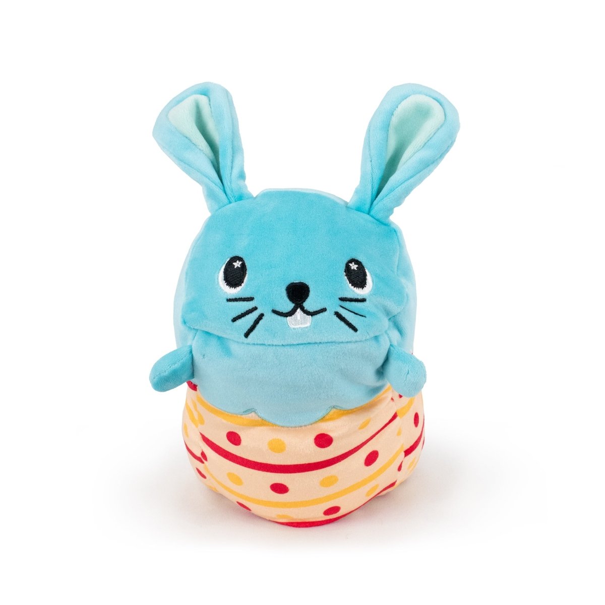 Bitty the Bunny Hatchling is a plush toy with long blue ears, a smiling face, and a body shaped like a colorful cone adorned with yellow, orange, and red polka dots. Made from ultra-soft plush materials, it boasts a playful and cheerful look.