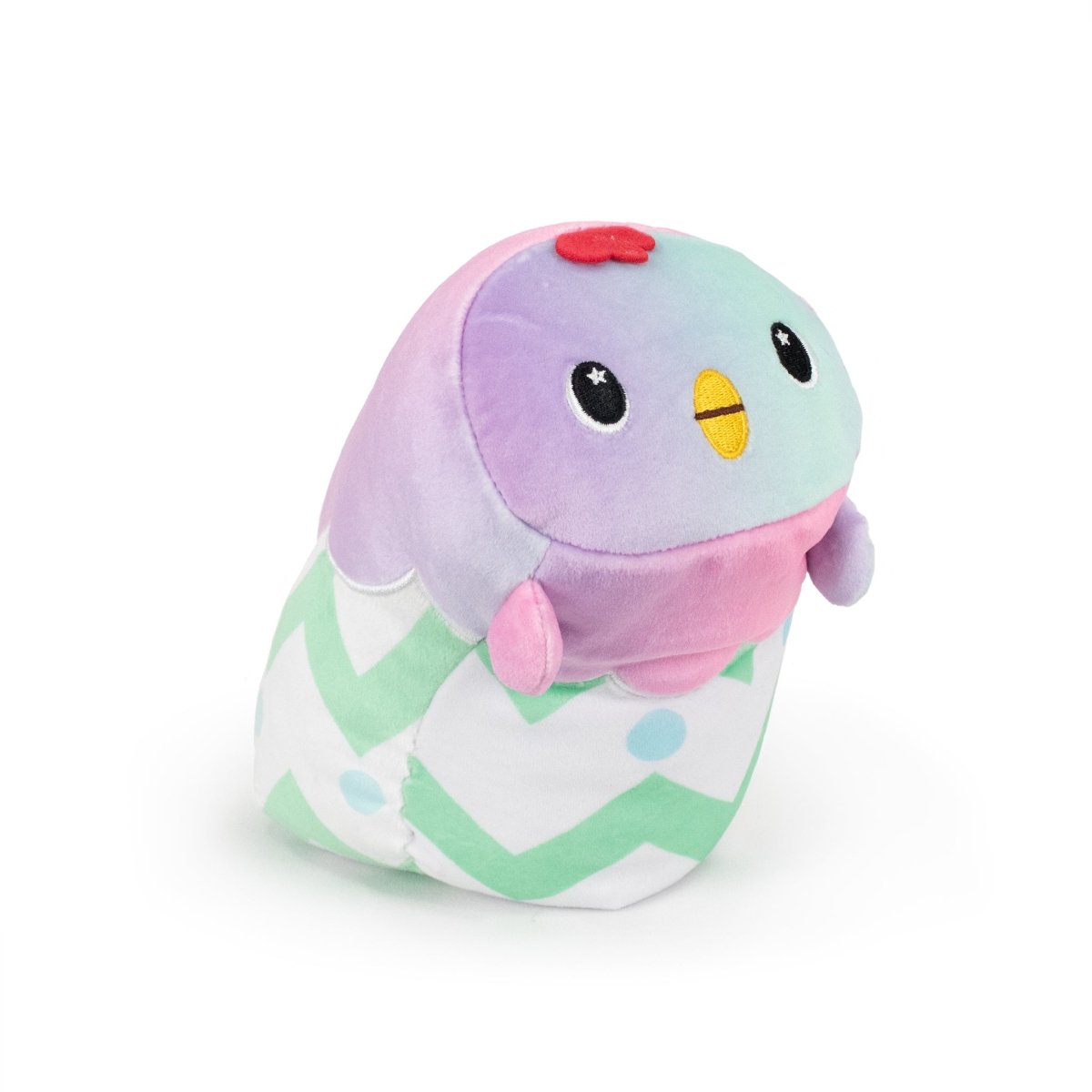 Introducing Frederick the Chick Hatchling, an ultra-soft plush toy ideal for any Easter Basket Buddies collection, featuring a purple head, pink belly, blue face, yellow beak, large eyes, red crest, and a green and white zigzag patterned bottom.