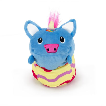 Meet Sparkle the Unicorn Hatchling, a charming Easter Basket Buddy. This plush toy features a blue body, pink horn, and rainbow tail. With black starry eyes, a smiling face, pink snout, and colorful striped base made from ultra-soft materials, it's perfect for hugs!.