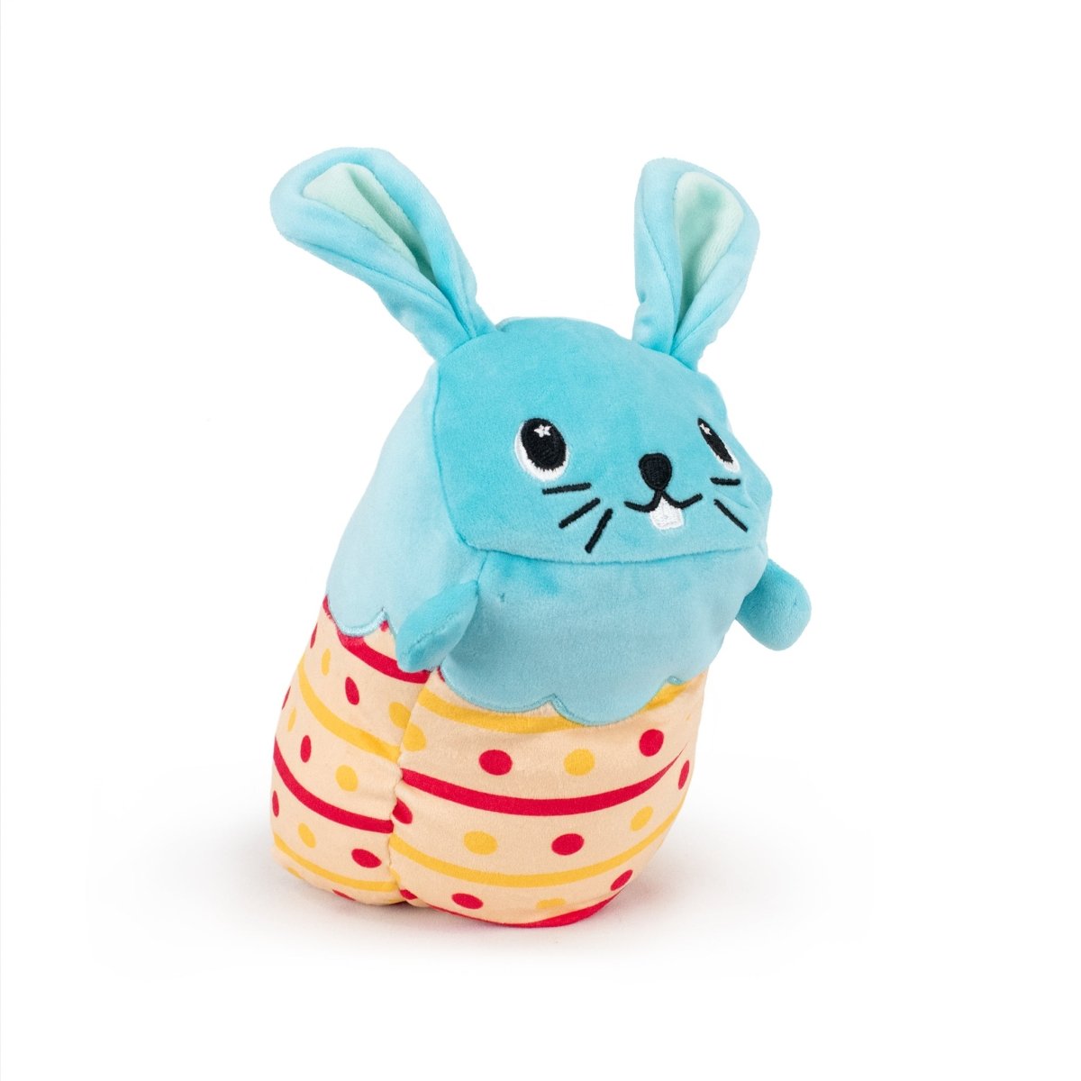 Bitty the Bunny Hatchling, crafted from ultra-soft materials, boasts blue ears with a cheerful face featuring black embroidered eyes and a smile. Its body is adorned with yellow and red stripes plus playful polka dots, making it an ideal addition to your plush collection.