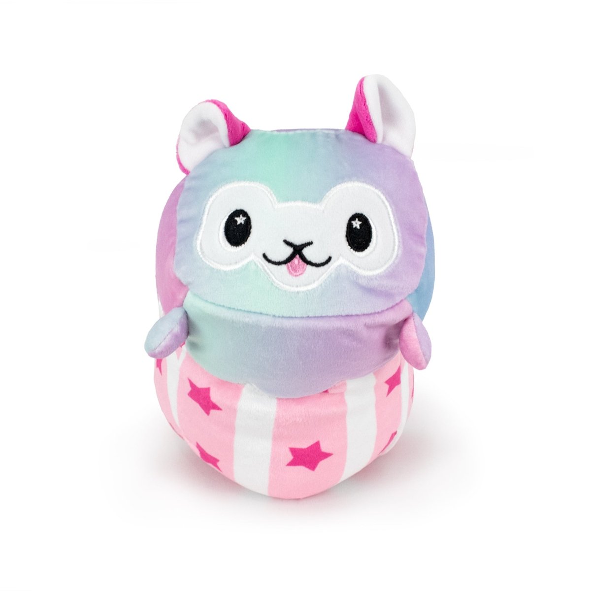 The Comet the Alpaca Hatchling is a pastel rainbow plush with a cheerful expression, small ears, and a pink-and-white striped bottom adorned with stars, ensuring sensory softness perfect for cuddling.