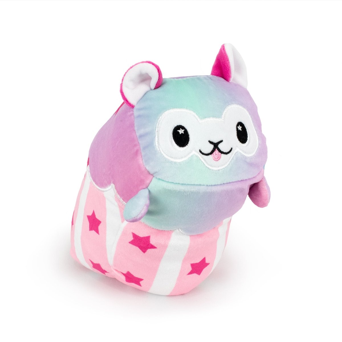 Comet the Alpaca Hatchling is a colorful plush toy with a pastel gradient face and ears, featuring a cute smile and button eyes. Its pink body has white stripes and pink stars, ideal for Easter Basket Buddies, and resembles a whimsical creature with sensory softness.